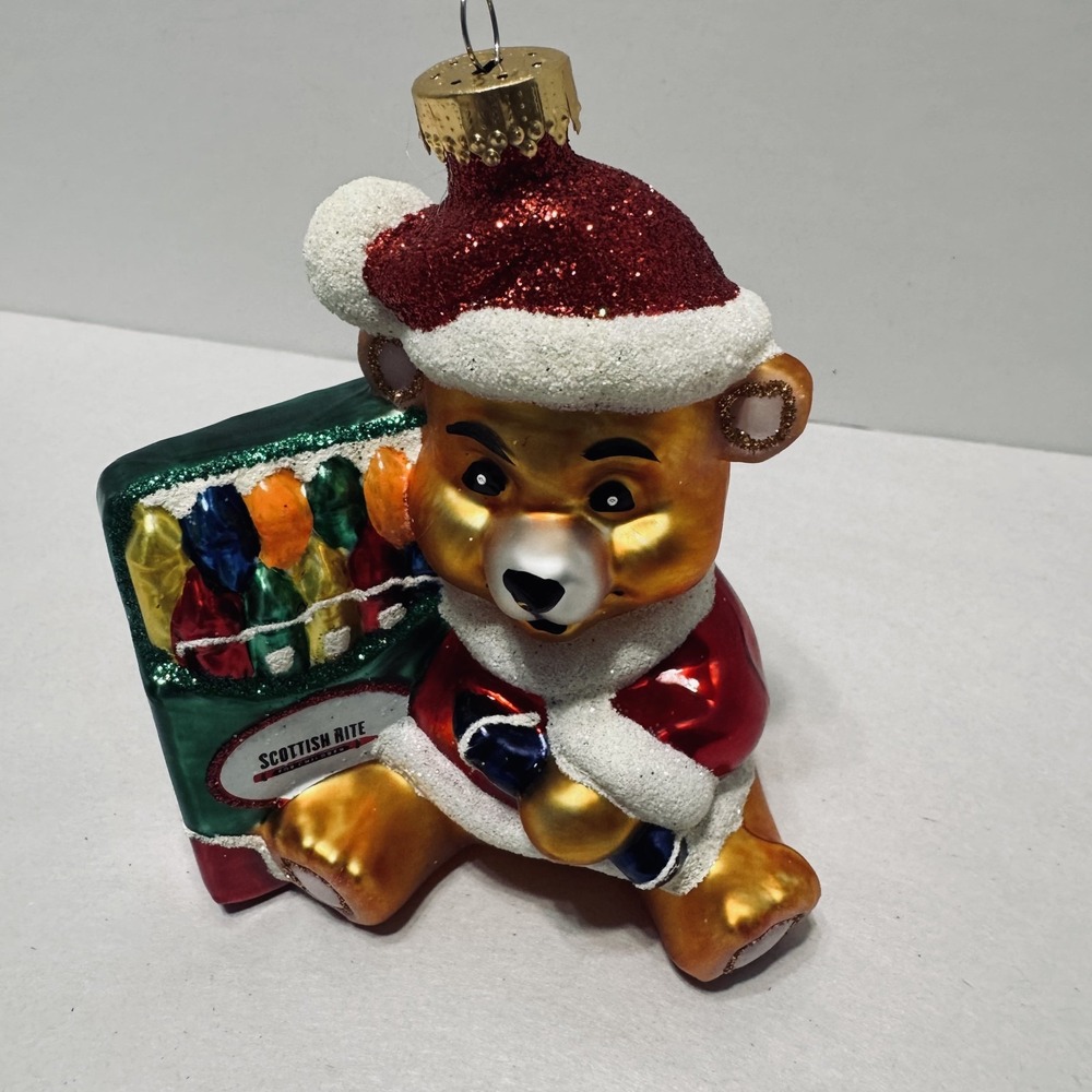 Scottish Rite For Children Glass Teddy Bear Christmas Ornament Santa Hat Lights